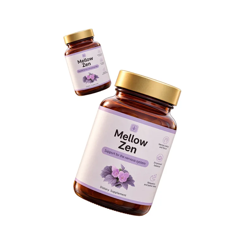 Mellow Zen — skleněná lahvička kapslí se zlatým víčkem, detail etikety